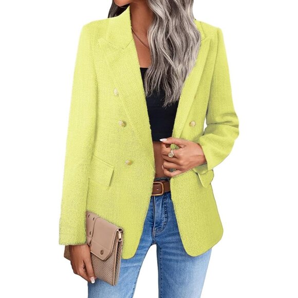 Business Work Tweed Plaid Jacket Suit Pocket -Yellowish Green